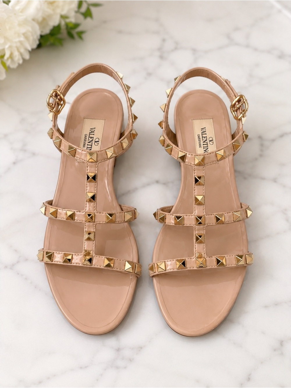Valentino Garavani Beige Rockstud T-Strap Sandals with Gold Studs